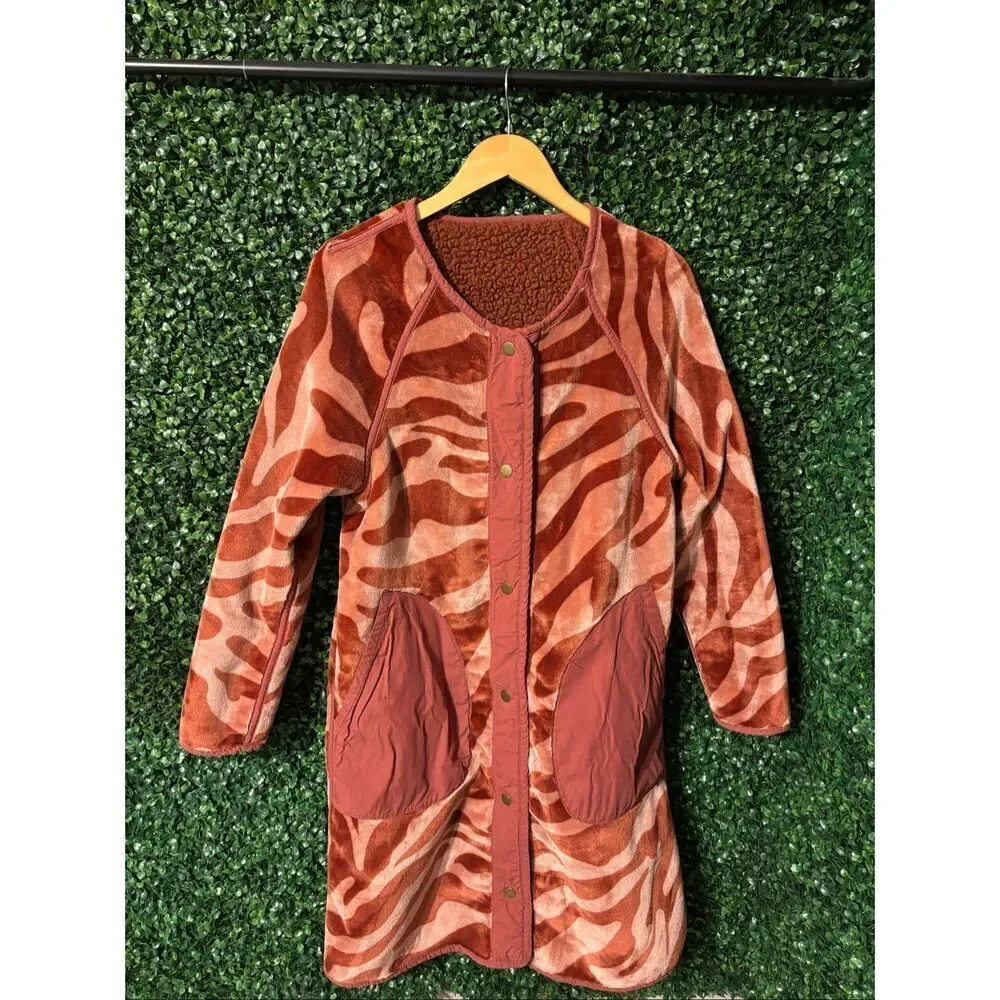 Anthropologie Margot Sherpa Reversible Zebra Print Red Coat Size Small